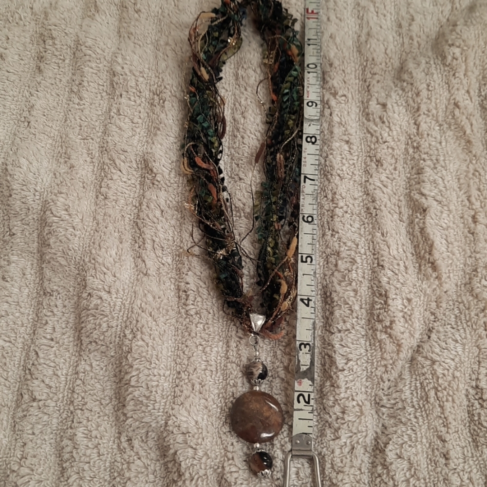 Hand made earth tone sparkle ribbon necklace with silver and stone slide pendant